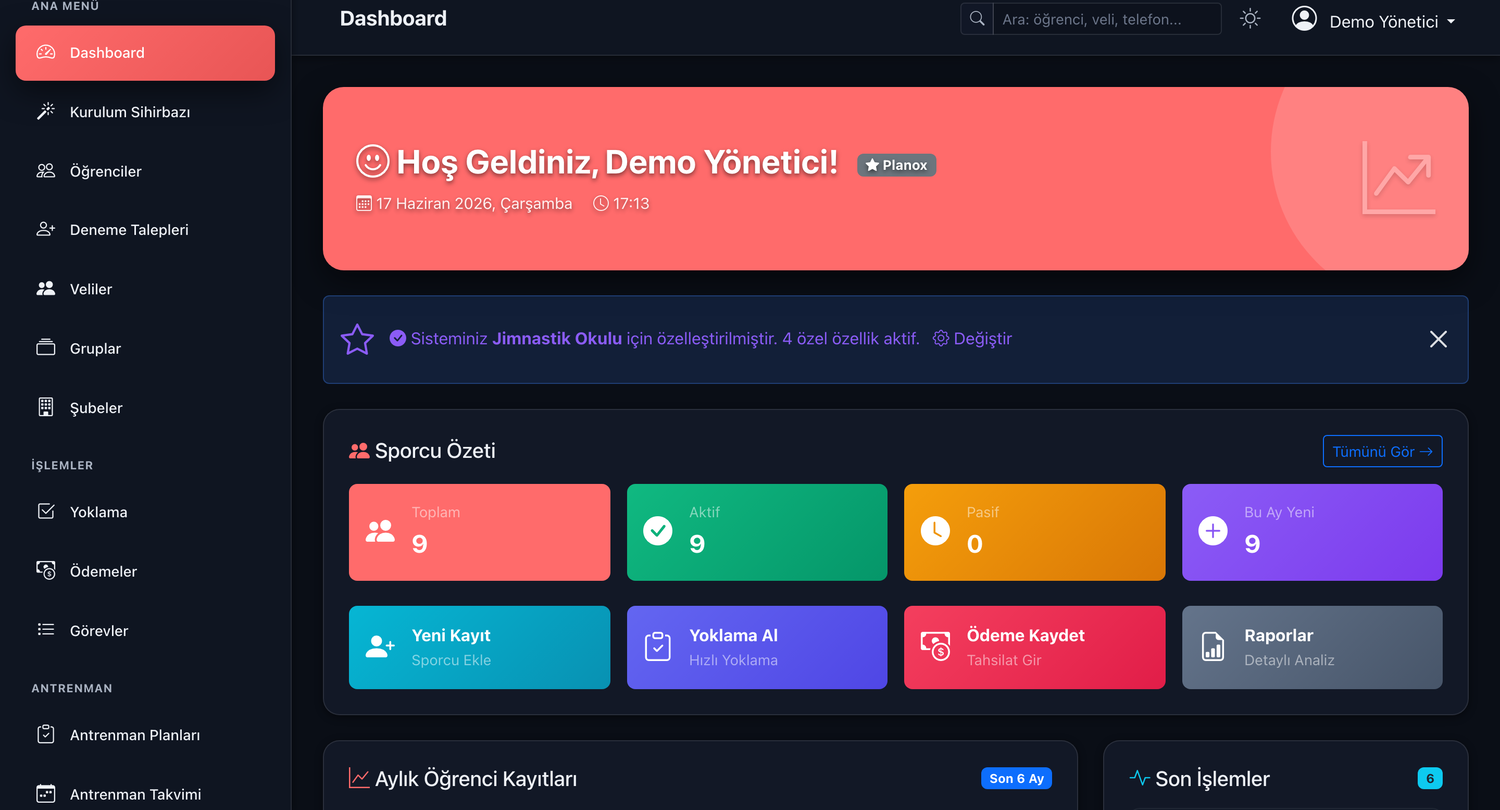 Planox yönetim paneli — gerçek ekran görüntüsü